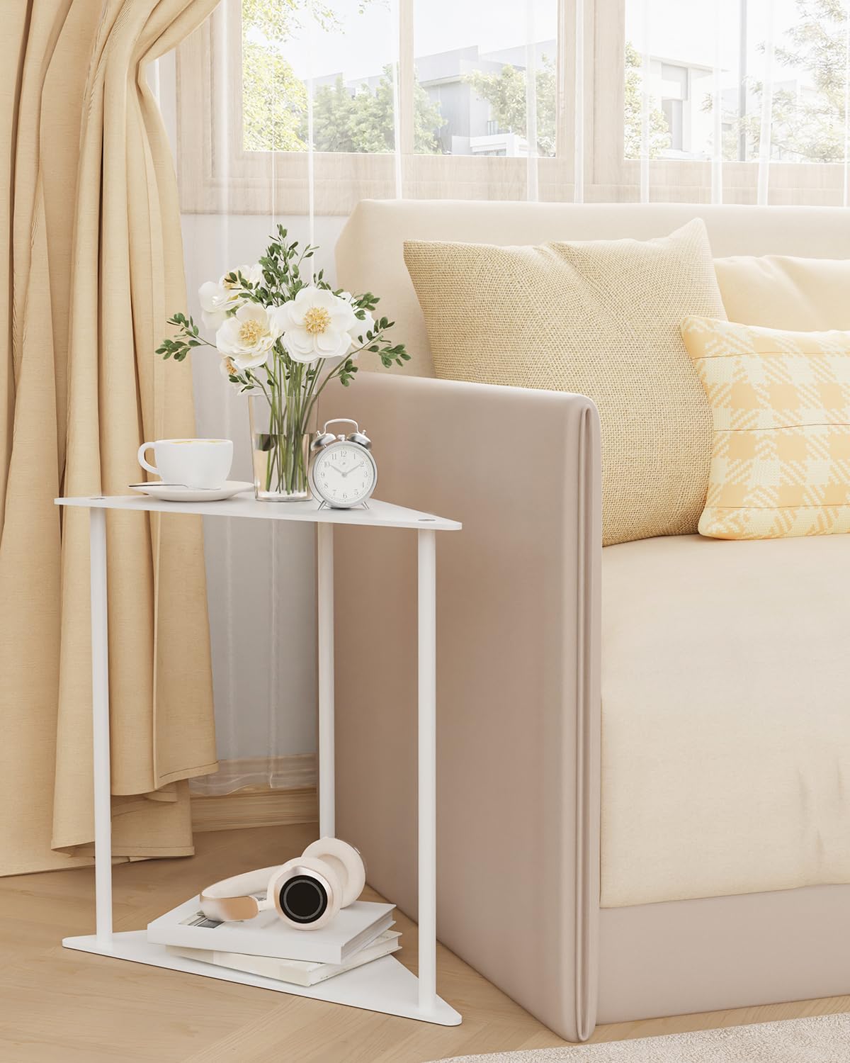 Yawinhe Triangle Metal Side Table,2-Tier Small Corner Table,White,1 Pack
