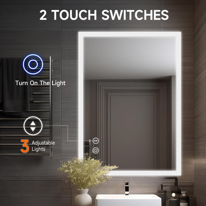 YOLEO Bathroom Mirror with LED Lights, 700x500mm Illuminated Bathroom Mirror, Wall Mounted Vanity Mirror with 3 Colors Dimmable, Anti-Fog, Touch