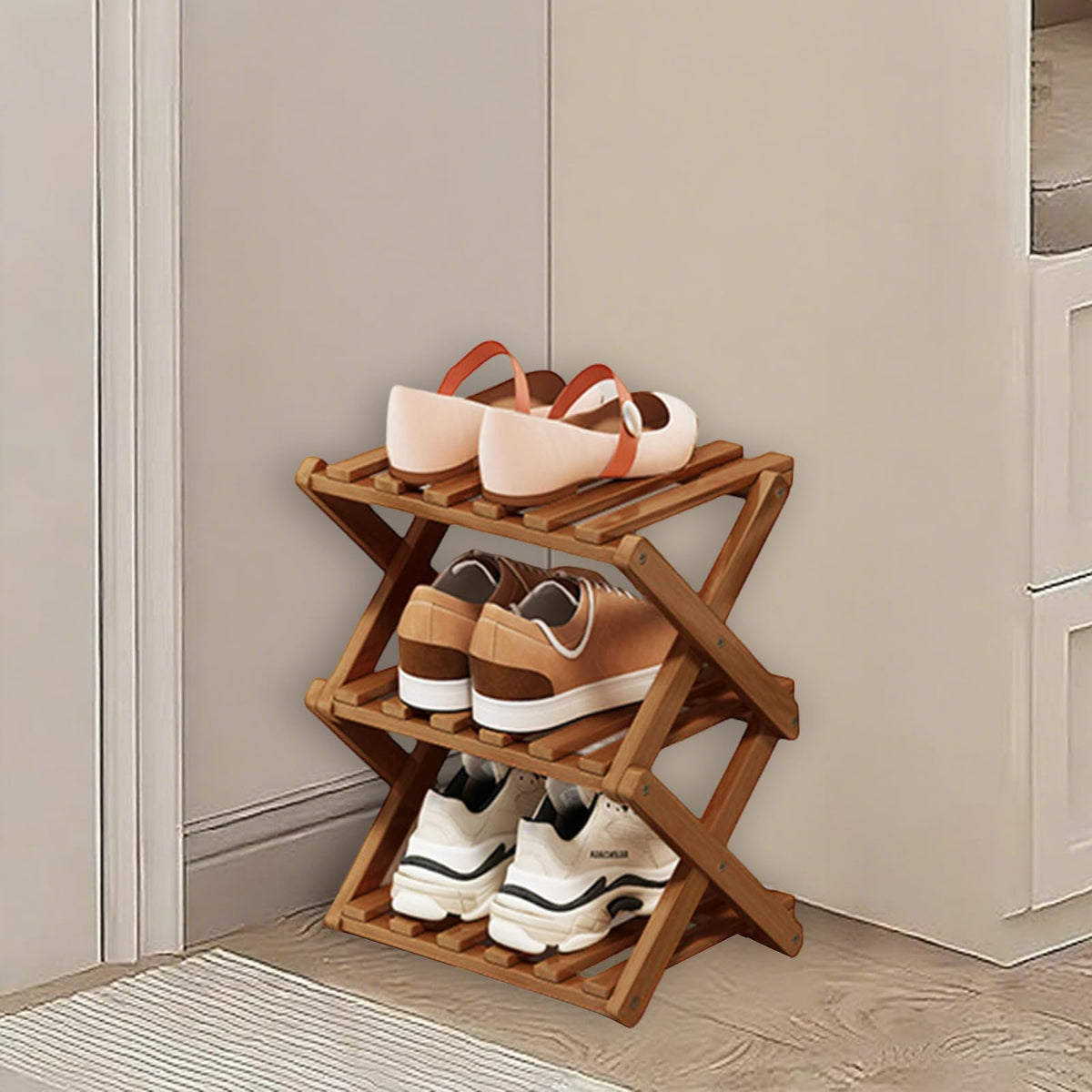 Kiss Me 3-Tier Foldable Bamboo Shoe Rack Narrow Vertical Organizer