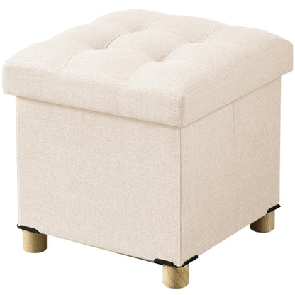 BRIAN & DANY Folding Storage Ottoman with Wood Legs, Linen Foot Stool, Storage Chest with Highly Elastic Sponge Filling, Beige, 38 x 38 x 38 cm