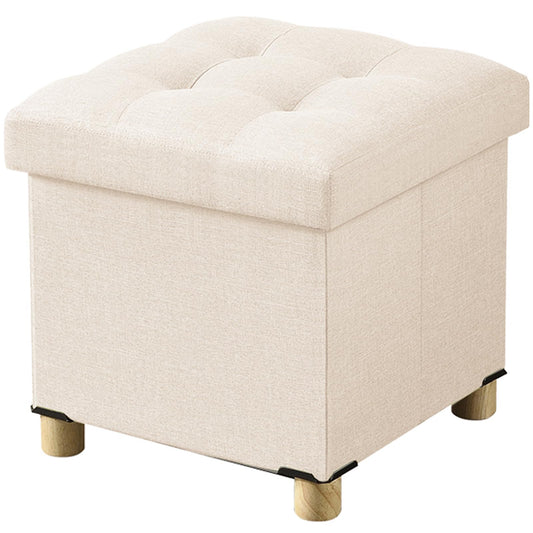 BRIAN & DANY Folding Storage Ottoman with Wood Legs, Linen Foot Stool, Storage Chest with Highly Elastic Sponge Filling, Beige, 38 x 38 x 38 cm