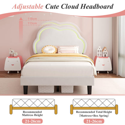 ModernLuxe 3FT LED Single Upholstered Bed 90x190cm for Kids Velvet Single Bed Frame Cloud Headboard Girls Bed with Adjustable Lighting