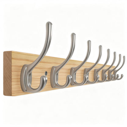 HONSKY Wall Coat Rack - 8 Double Hooks (56cm) | Wooden & Metal Towel/Coat Hanger for Entryway, Bathroom, Bedroom, Garage | Easy Install