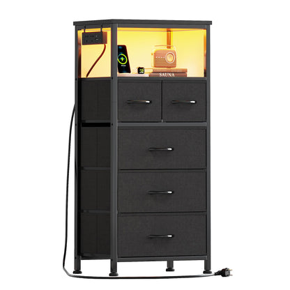Flrrtenv Chest of Drawers, Bedside Table Cabinet with LED Light and Charging Station, Nightstand with 5 Fabric Drawers