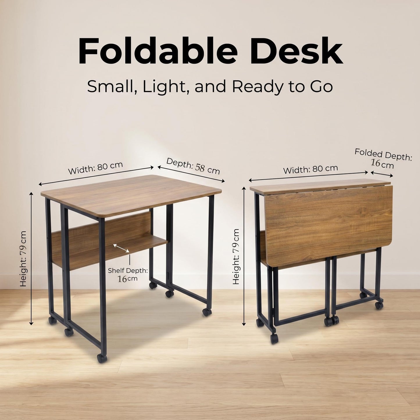 Fiutazge Folding Desk, Folding Table with Wheels and Shelf, Folding Desk Made of MDF Wood Materials and Steel Frame, Computer Desk for Home, Office