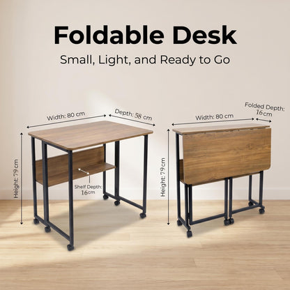 Fiutazge Folding Desk, Folding Table with Wheels and Shelf, Folding Desk Made of MDF Wood Materials and Steel Frame, Computer Desk for Home, Office