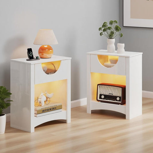 Bestier Bedside Table with LED Light & USB Port & TypeC, Modern Nightstand with Half-moon Translucent Ribbed Acrylic & 1 Wooden Storage Drawer & Open