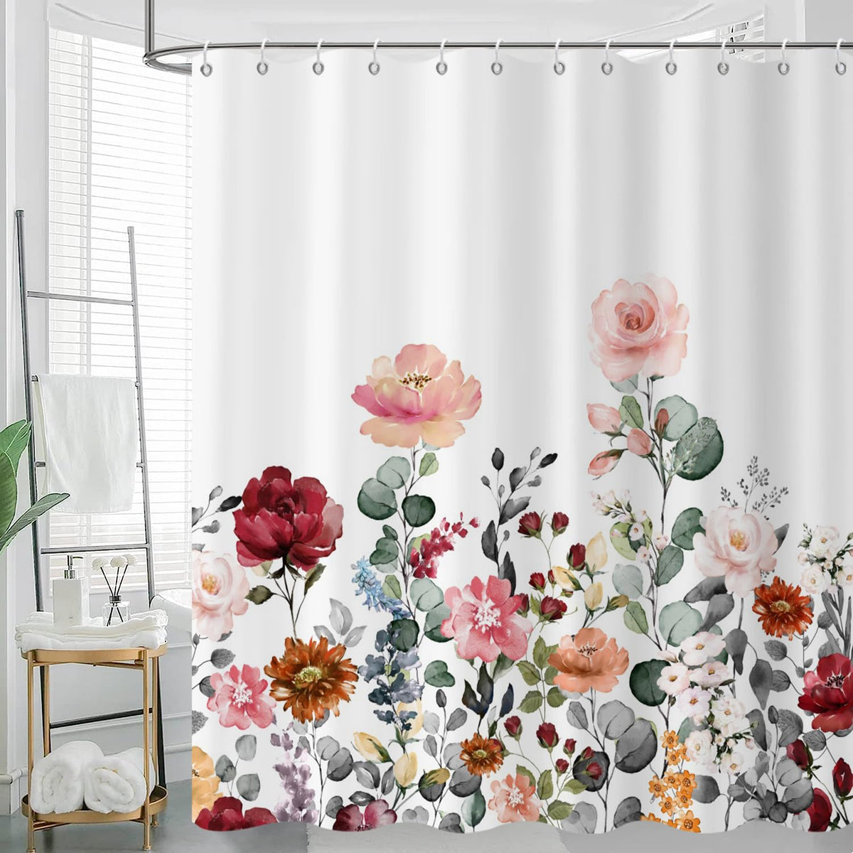 GCIREC Floral Shower Curtain, 180x180cm, Rustic Colorful Floral with Green leaves Wildflowers Waterproof Fabric Machine Washable Bathroom Curtain