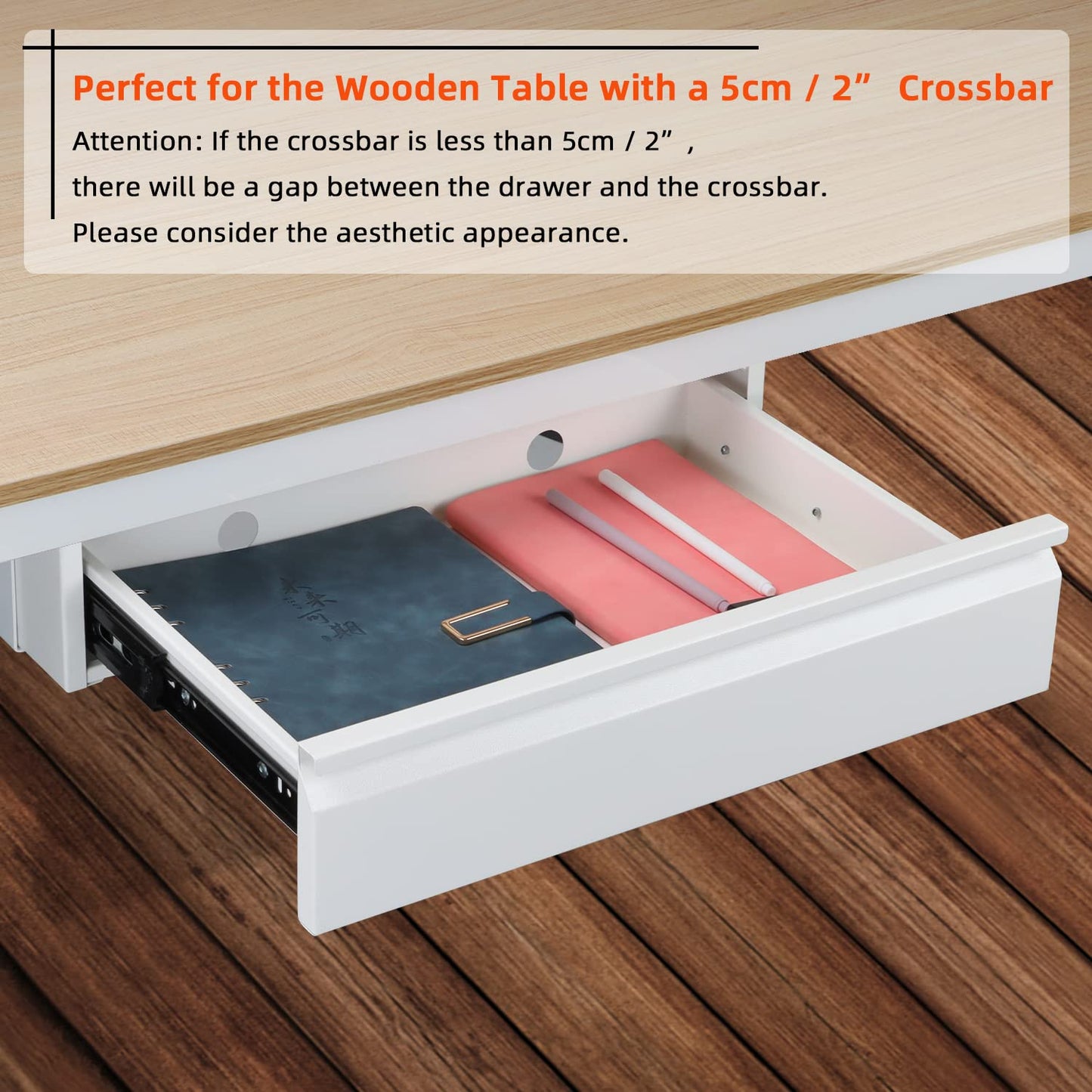 OSteed Large Under Desk Metal Drawer 45cm, Office Under Shelf Drawer, White