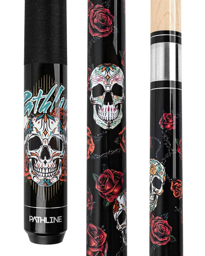 Pathline PL518 Pool Cue Stick - 58" Canadian Maple 13mm Tip Billiard Pool Stick(Black/Skull - 18oz)
