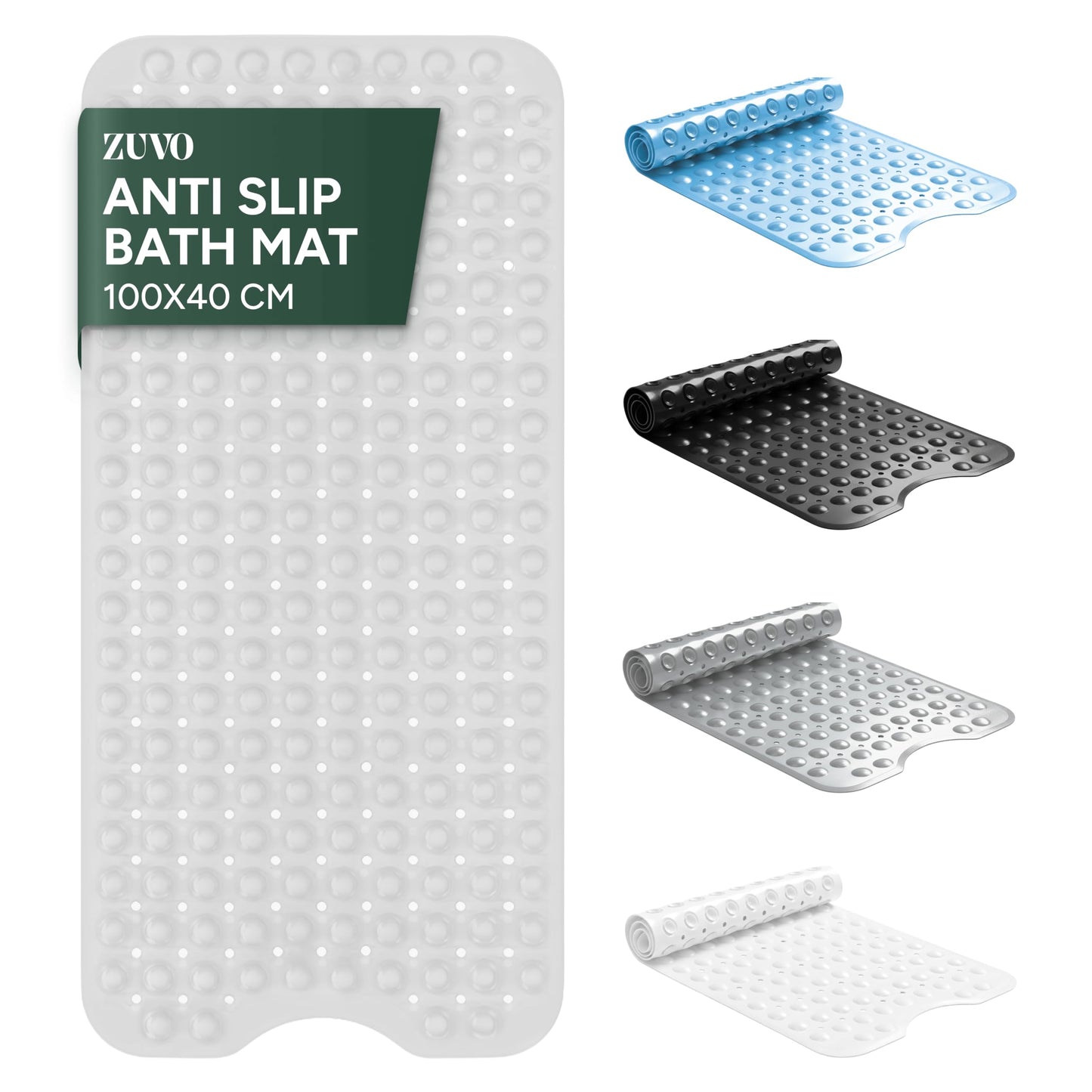 Zuvo Extra Long Bath Mat Non Slip Anti Mould, 100 x 40 cm, Clear