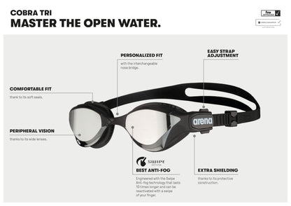 arena Cobra Tri Swipe Mirror Unisex Adult Triathlon Goggles, Swimming Pool Goggles with Mirror Lenses, Anti-Fog, UV Protection, 3 Interchangeable Nose