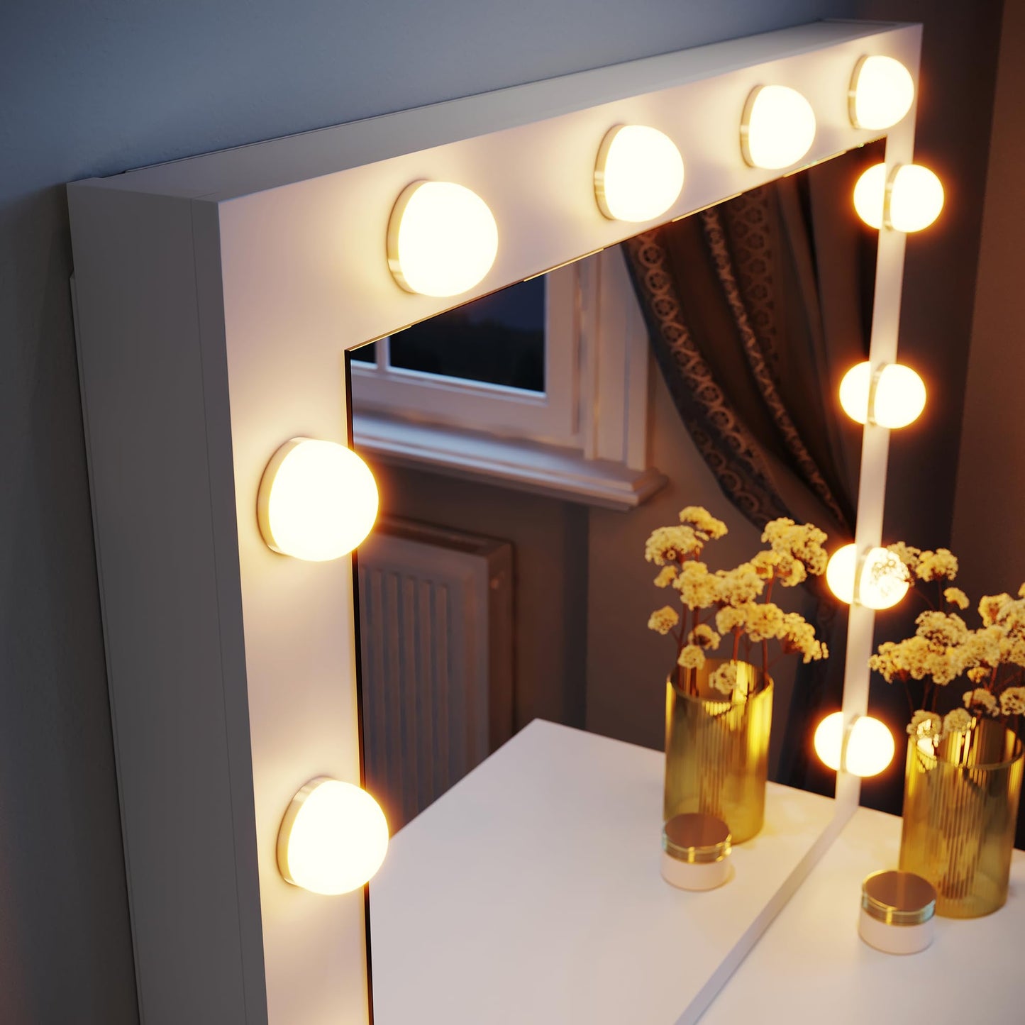 ZANOFIRA White Dressing Table with Hollywood LED Mirror, Space Saving Makeup Desk with Adjustable Brightness & 3 Color Modes