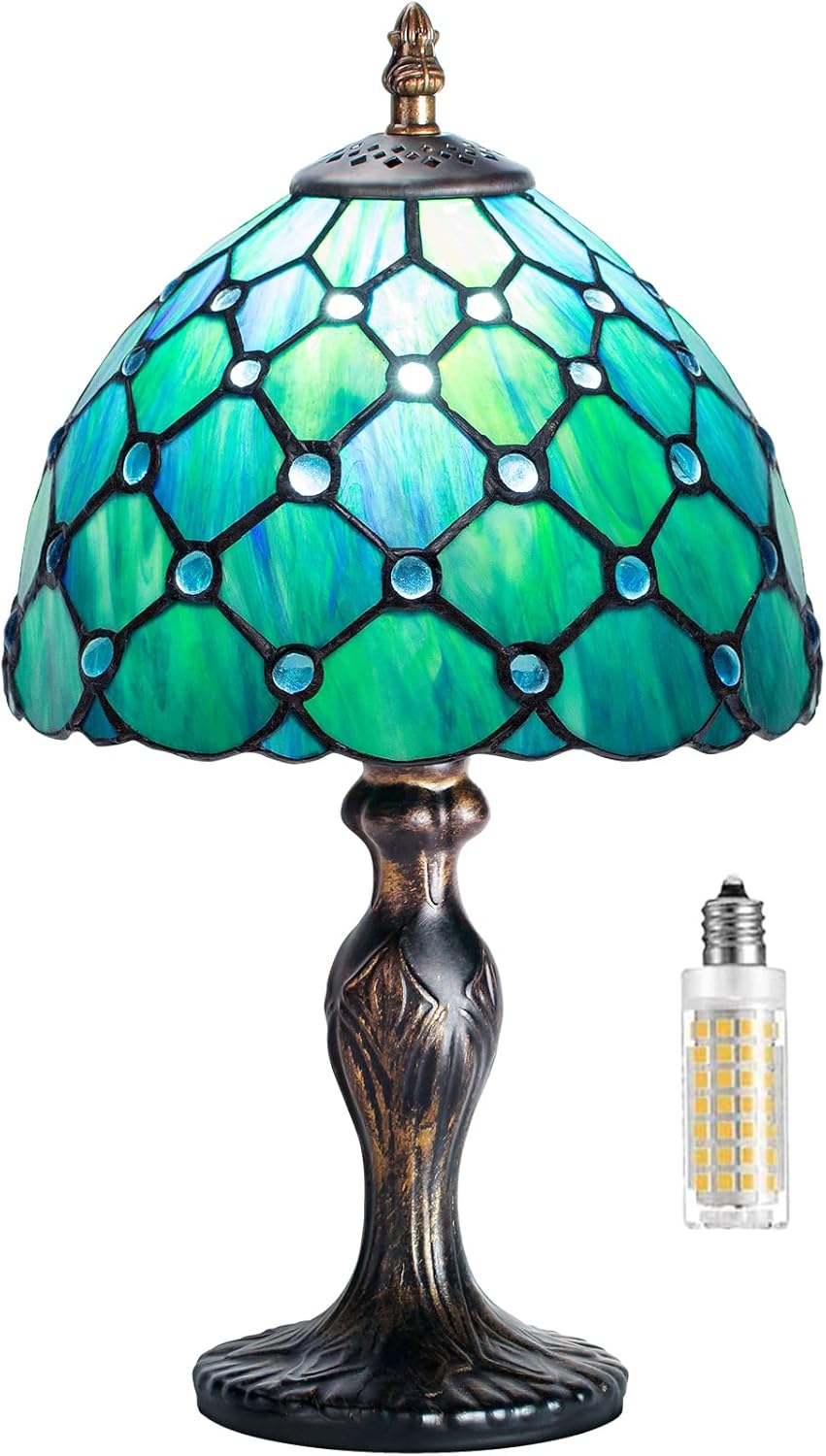 MIAOKE Stained Style Table Lamp, Vintage Table Lamp, Handcraft, Stained Glass Lampshade, Table Lamps for Bedroom, Bedroom, Study, Office (Green Pearl)