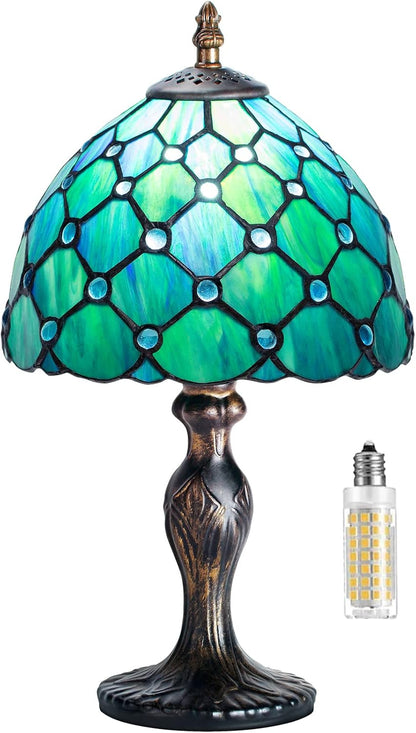 MIAOKE Stained Style Table Lamp, Vintage Table Lamp, Handcraft, Stained Glass Lampshade, Table Lamps for Bedroom, Bedroom, Study, Office (Green Pearl)