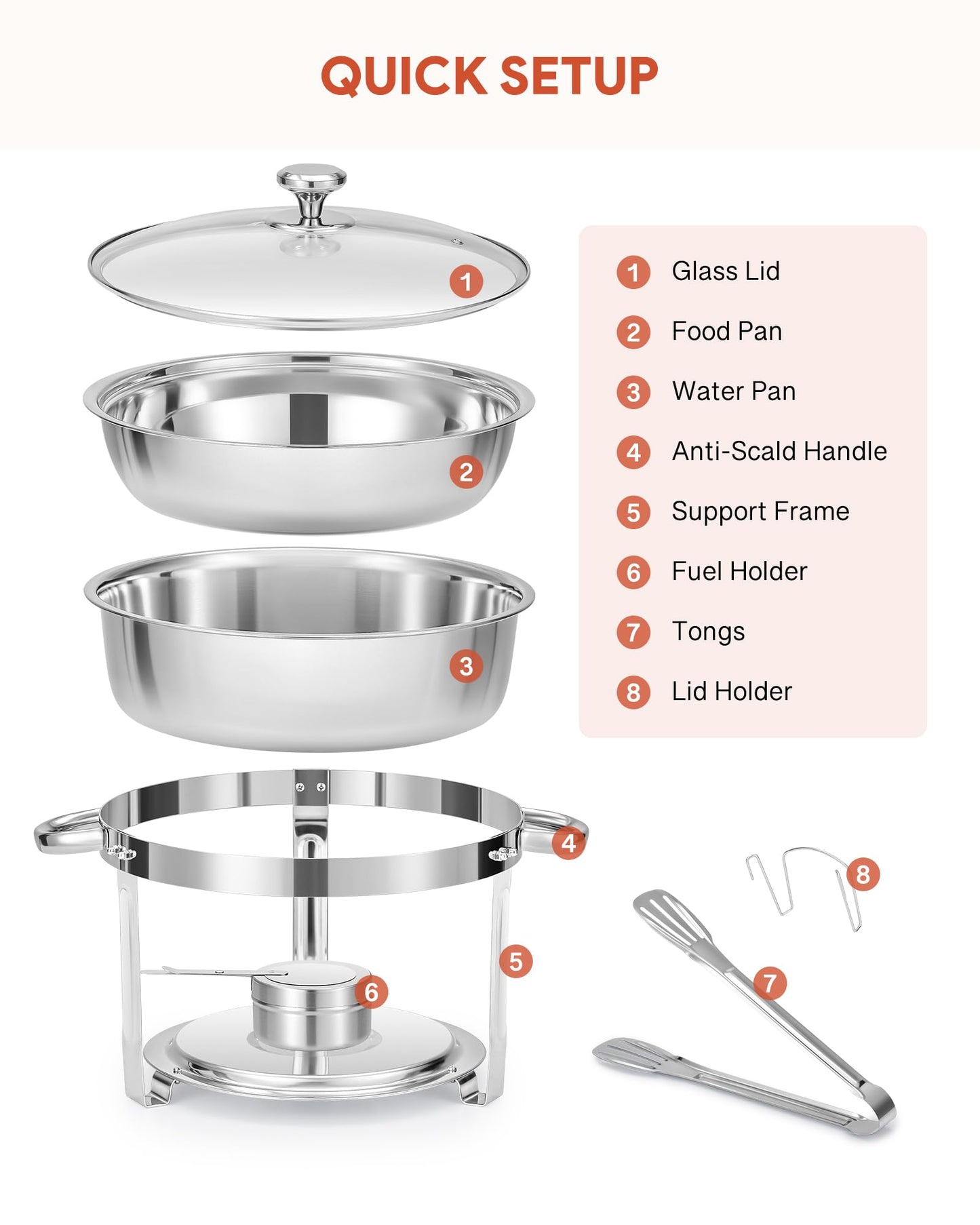 WILPREP Chafing Dish Buffet Set, 2 Pack 5.5L Round Chafers for Catering with Glass Lid & Lid Holder Water Food Pan, Stainless Steel Food Warmers