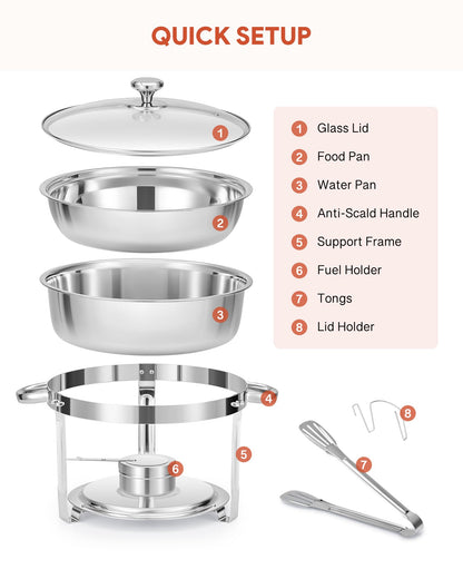 WILPREP Chafing Dish Buffet Set, 2 Pack 5.5L Round Chafers for Catering with Glass Lid & Lid Holder Water Food Pan, Stainless Steel Food Warmers