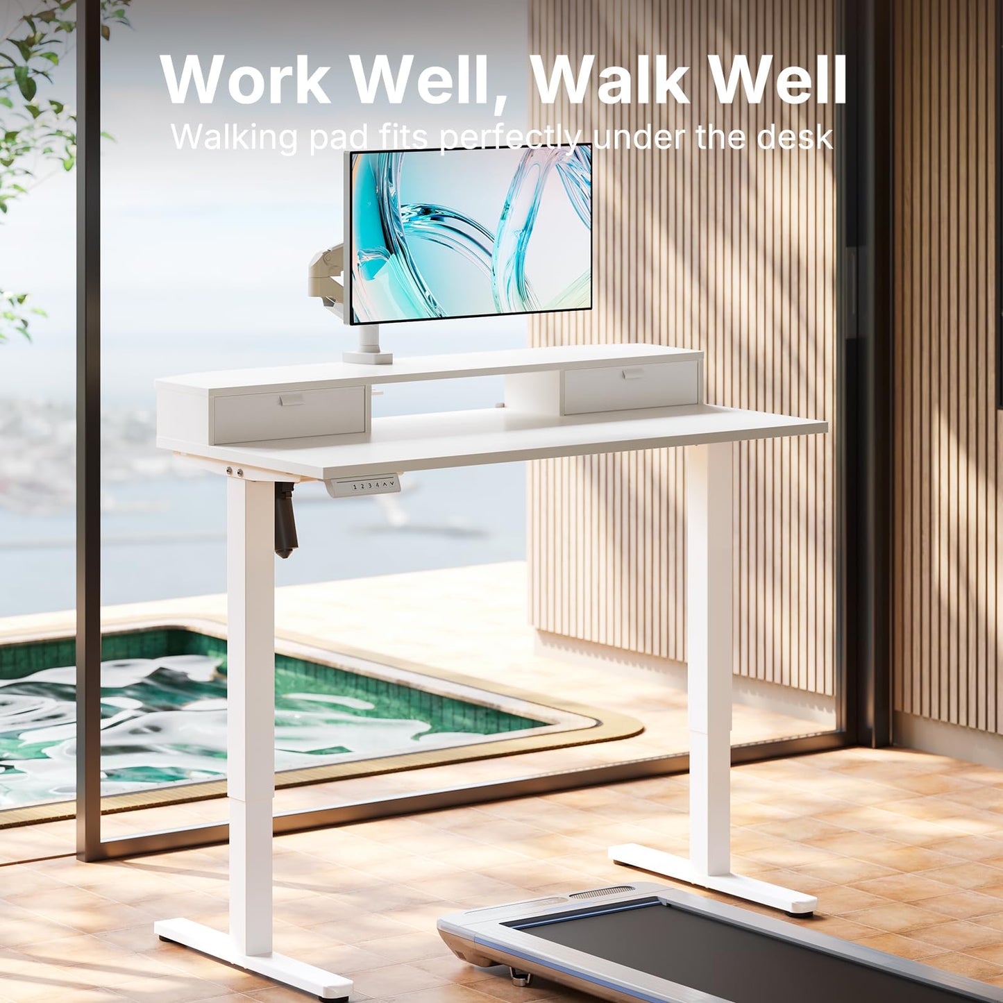 HUANUO Standing Desk with Drawers, 100x60cm, White