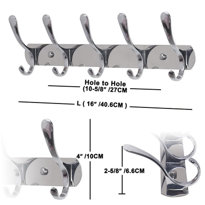 SKOLOO Coat Rack Wall Mount - Modern, Metal Wall Coat Rack with 5 Hooks, Pack of 2, Sturdy Wall Hook Rack Rail for Hanging Coat, Jacket, Clothes, Hat