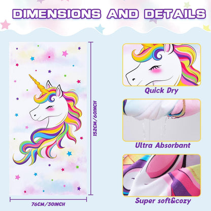 WERNNSAI Unicorn Microfibre Beach Towel for Kids, 76 x 150cm Bath Towel