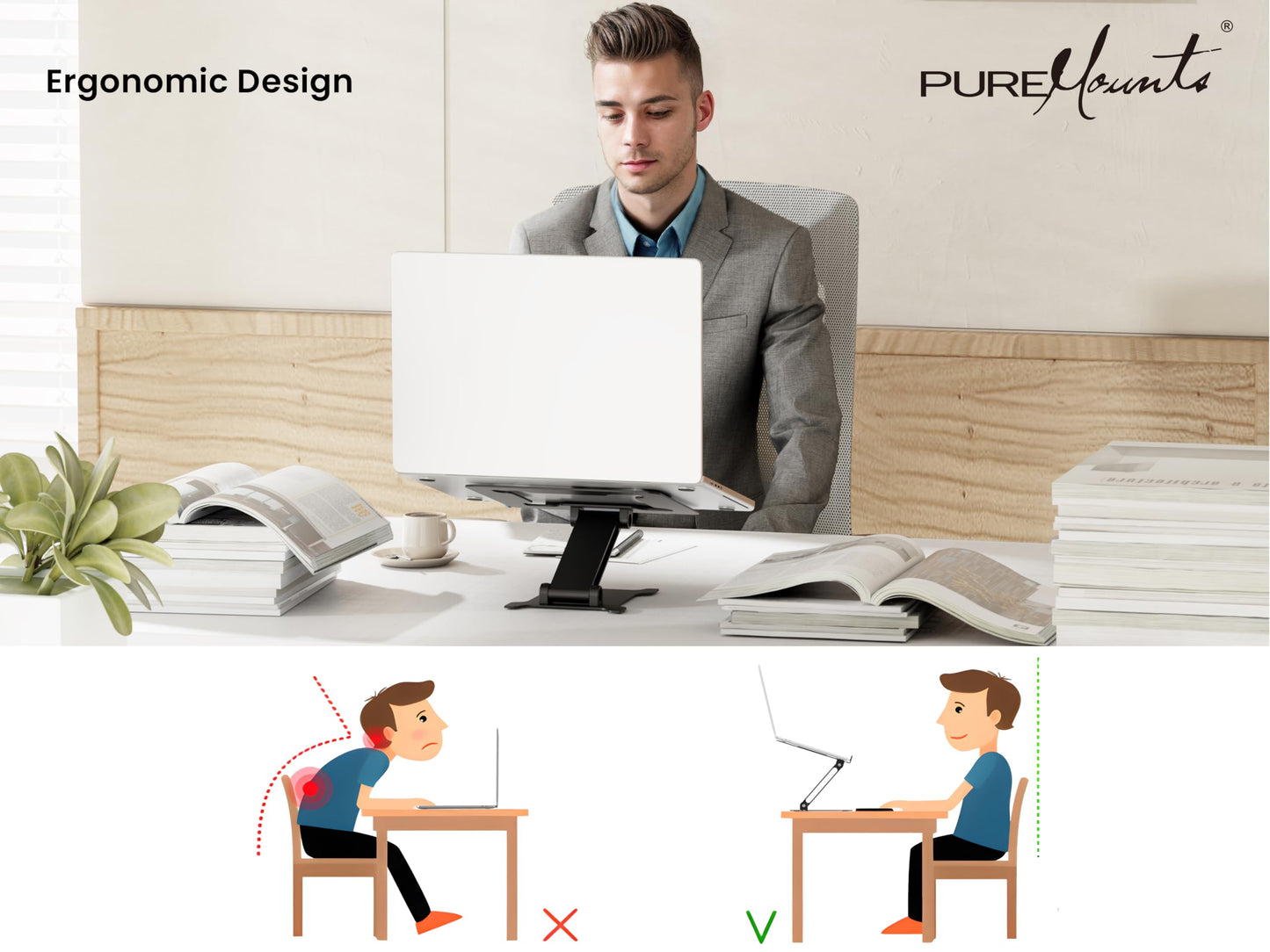 PureMounts Laptop Stand, Height-Adjustable, Foldable & Ergonomic Notebook Holder for Home Office