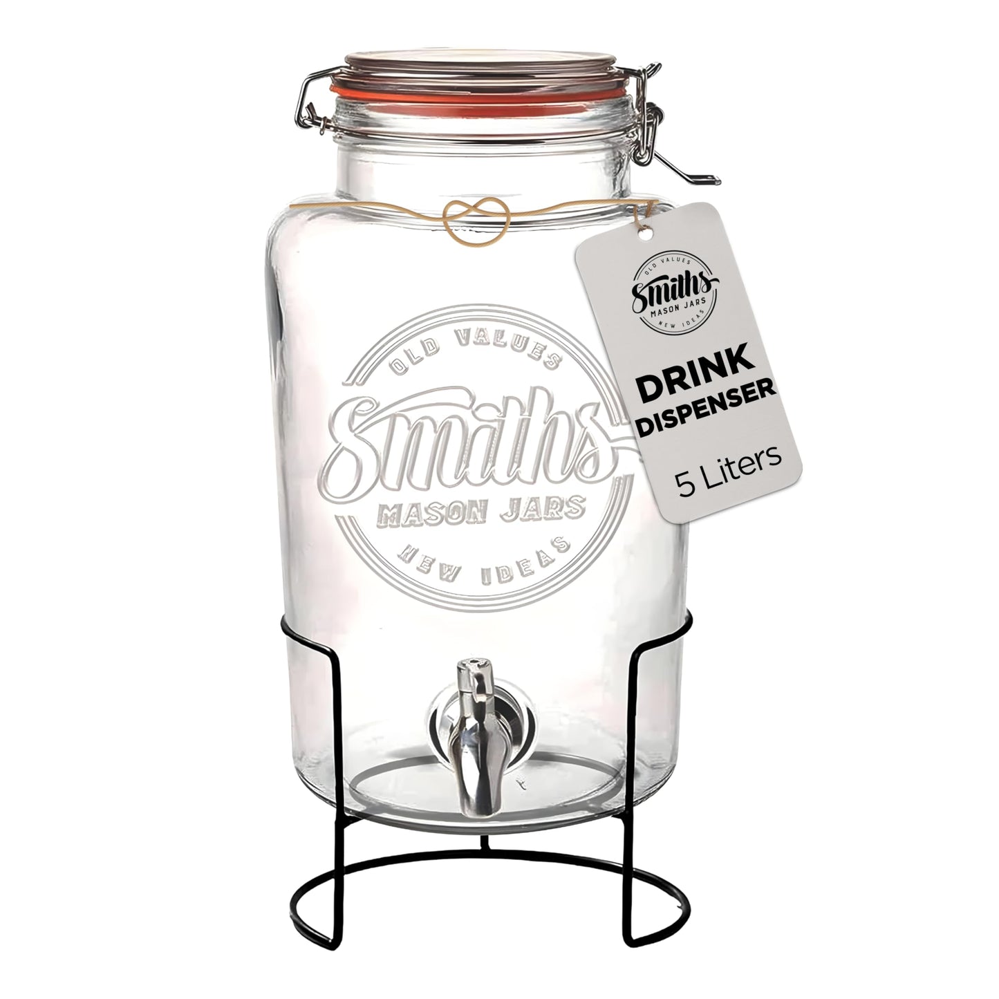 Smith's Mason Jars 5-Litre (169oz) Drink or Water Dispenser with Stainless Steel Spigot(Tap), Removable Mesh Filters and Metal Stand - Ideal for