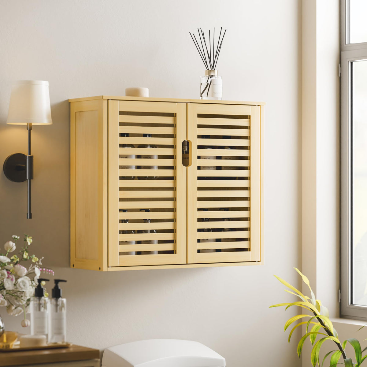 HITNET Bathroom Wall Cabinet, Medicine Cabinet Over the Toilet, Bamboo Hanging Storage Organizer with 2 Doors and Adjustable Shelf for Kitchen