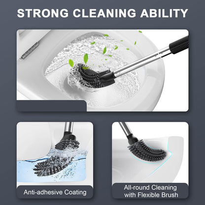 ASOBEAGE Silicone Toilet Brush: Flexible Head, Stainless Steel Handle, Wall-mounted, Quick-drying Holder for Bathroom Clean (Black)