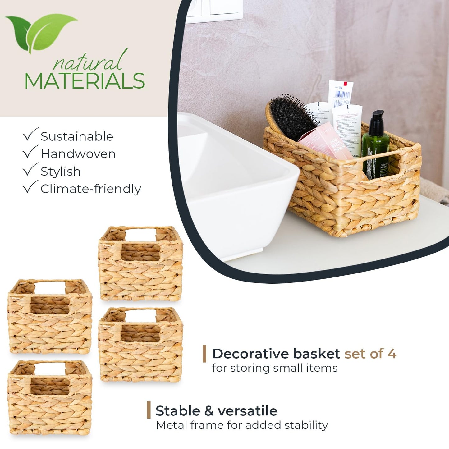 HMF storage basket woven from water hyacinth, decorative basket with carry handles for storage in the bathroom, kitchen and living area | Set of 4