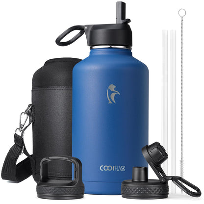 Coolflask Insulated Water Bottle 2L - 3 Lids with Straw & Spout & Handle, Leakproof Vacuum Stainless Steel Water Bottle for Sports, Travel, Gym, 48H