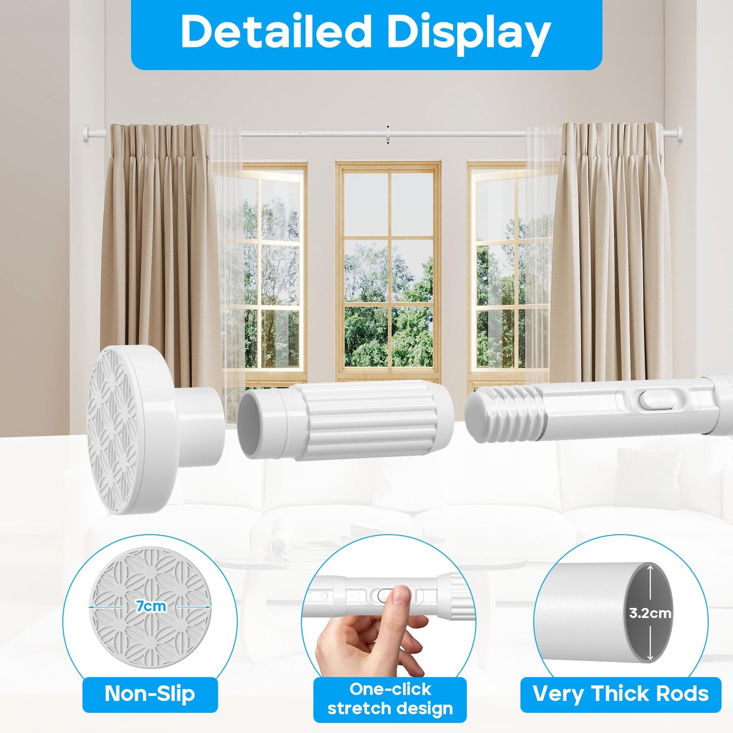ZipGlo Extendable Shower Curtain Pole 104-302cm White Tension Curtain Rod