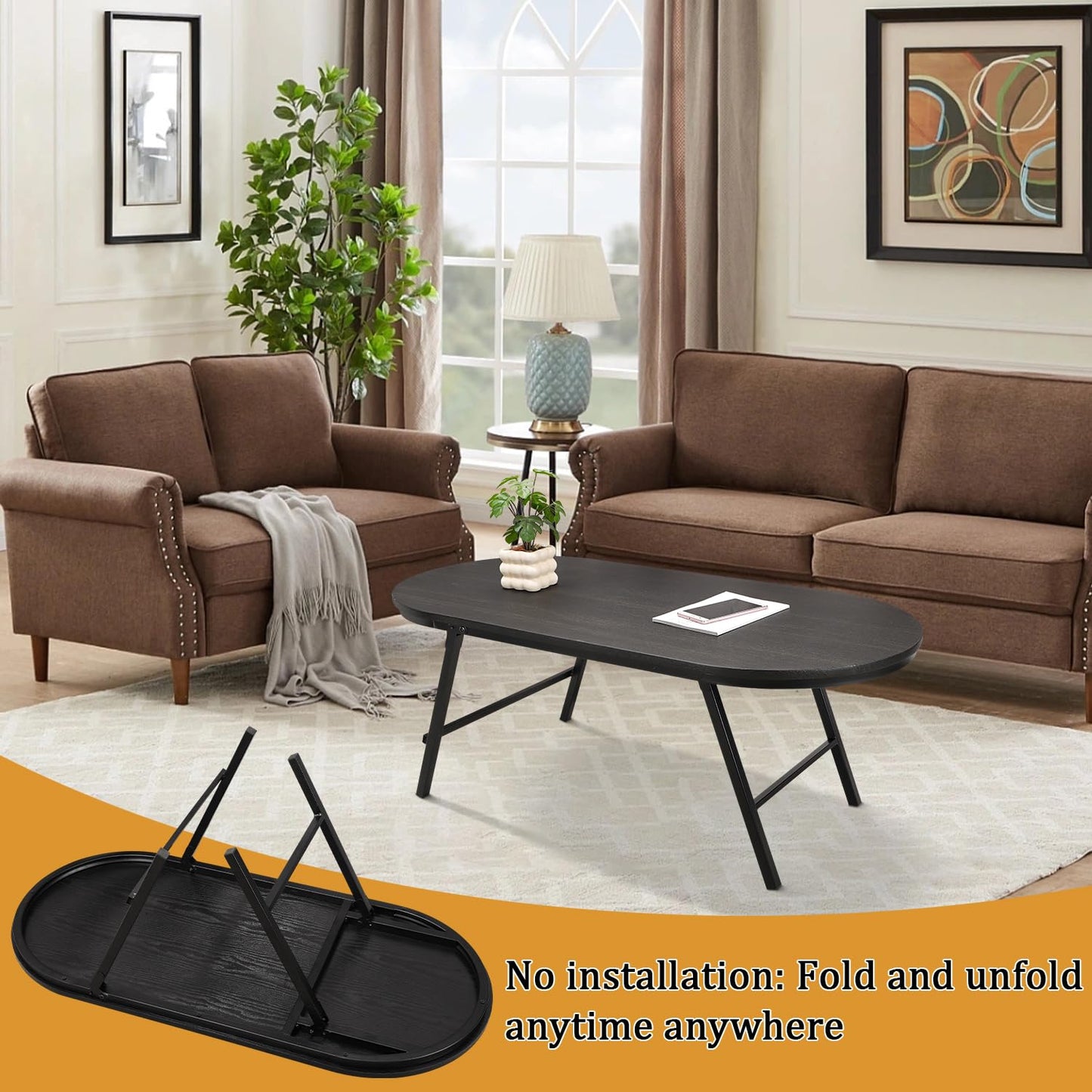 FEUFOAM Small Oval Coffee Table Wood and Metal Folding Low Coffee Tables with Safety Lock Portable Outdoor Table Floor Center Tables for Living Room