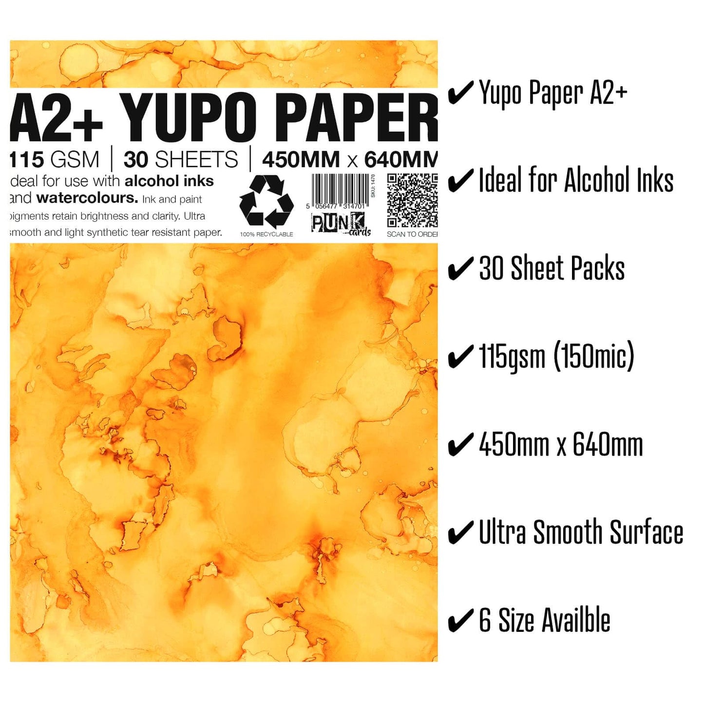 Punkcards - Yupo Paper - Alcohol Inks - Yupo Paper A2 - Alcohol Ink Art Paper - for Artists and Painters - 30 Sheets - 115gsm - A2+ - 450mm x 640mm