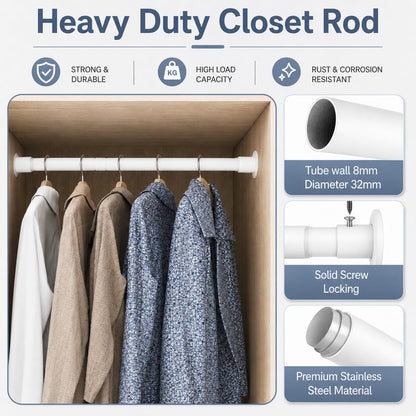 Wardrobe Rail, Heavy Duty Clothes Rod with End Sockets, Adjustable Hanging Rails for Clothes, Wardrobe and Bathroom, 68-90CM/Diameter 32MM, White