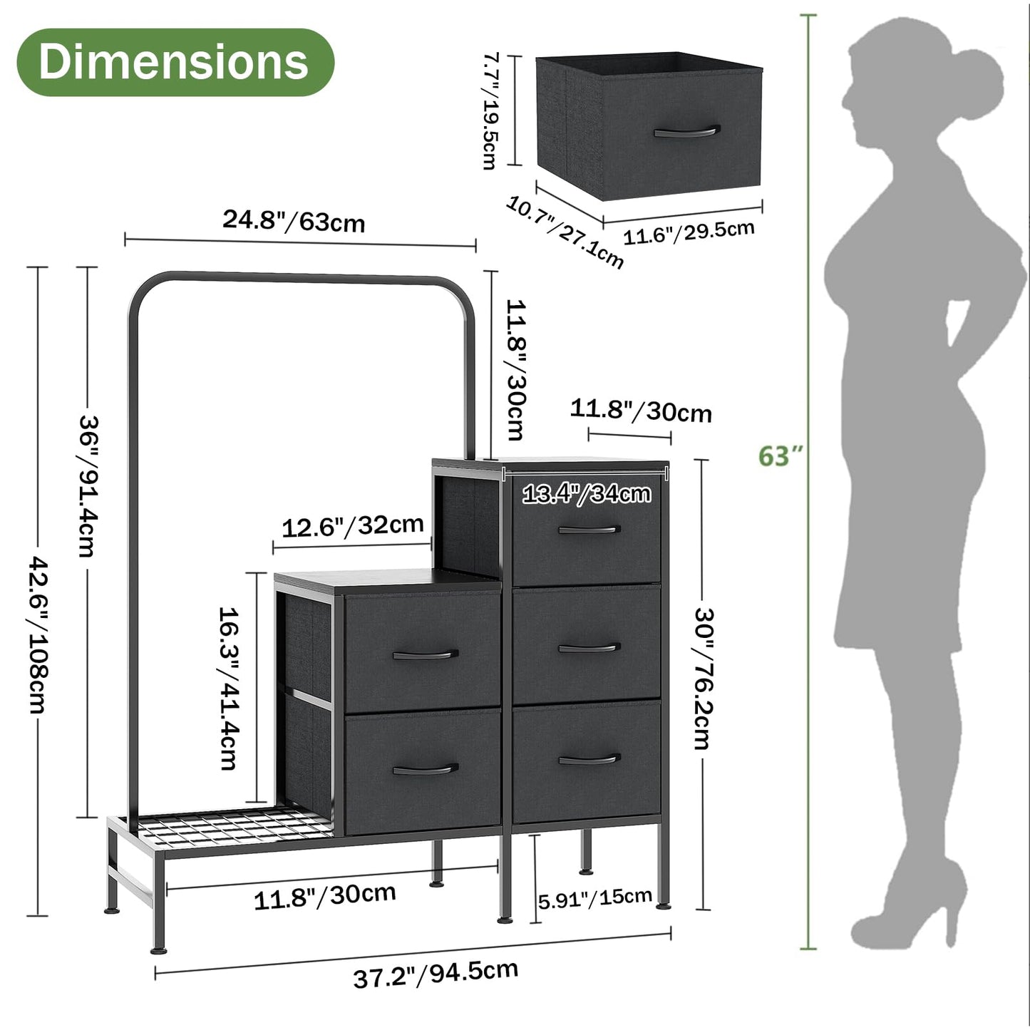 COTUBLR Chest of Drawers Bedroom, Including 4 Fabric Drawers, with a Sturdy Clothes Rail and 2 Coat Hooks