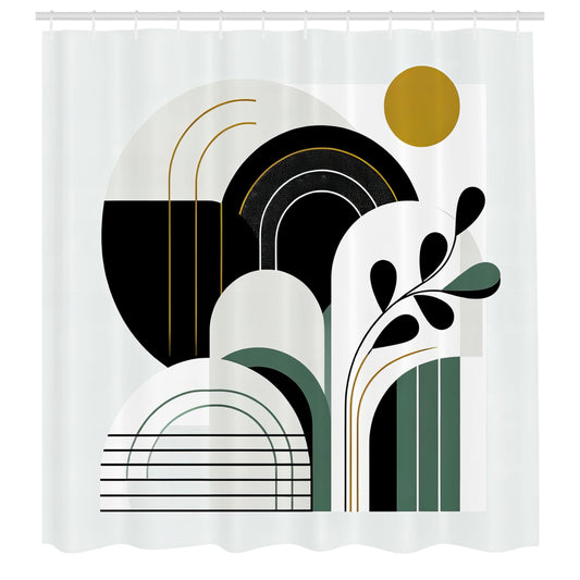 ABAKUHAUS Modern Shower Curtain, Mid Century Boho Leafy Sun, Cloth Fabric Bathroom Decor Set with Hooks, 175 x 200 cm, Jade Green Dark Grey Fawn