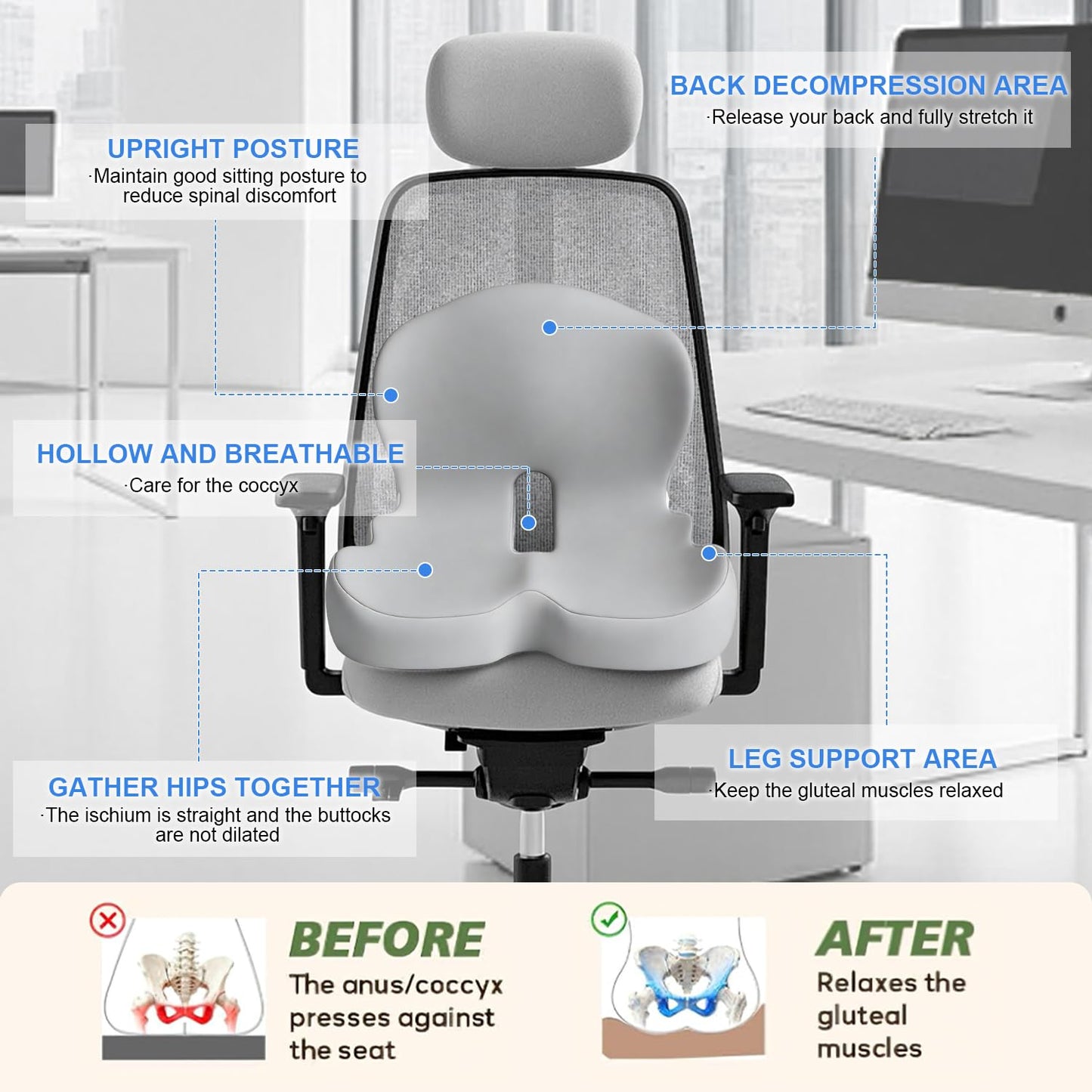 Gresonic Ergonomic Memory Foam Seat Cushion, For Office, Car, Gaming & Dining Chairs, Sciatica, Tailbone & Coccyx Pain Relief