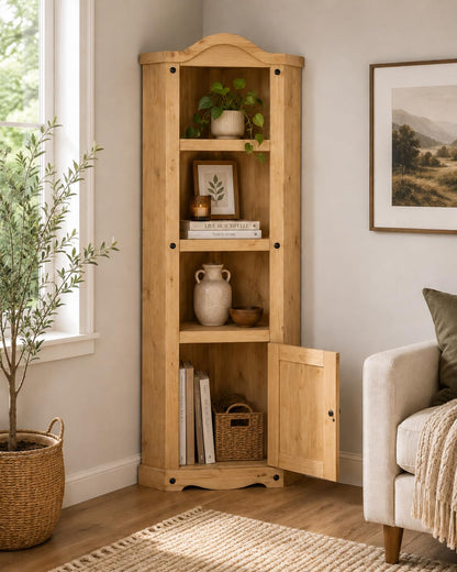 Corona Corner Display Unit Bookcase Cabinet Mexican Solid Pine with Wax Finish Black Metal Hardware W74 x D37 x H188 cm