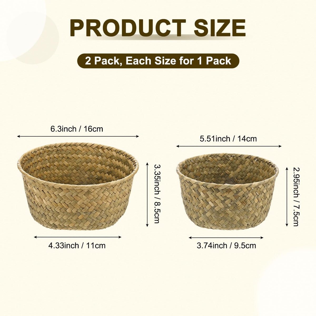 M METERXITY 2-Pack Natural Seagrass Woven Storage Basket, Small Round Storage Seaweed Woven Sundries Baskets for Fruit/Kitchen/Desktop/Household