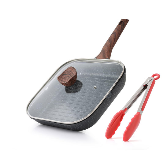 Kordisen Nonstick Grilling Pan with Lid for Stove Tops, 9.5 Inch Square Grill Pan for Indoor Cooking, Granite Coating Grill Skillet with Pour Spouts,