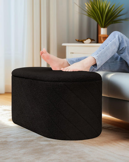 Bonlife Oval Ottoman with Storage Bench, Folding Foot Rest with Lid, Boucle End of Bed Bench,Foostool for Living