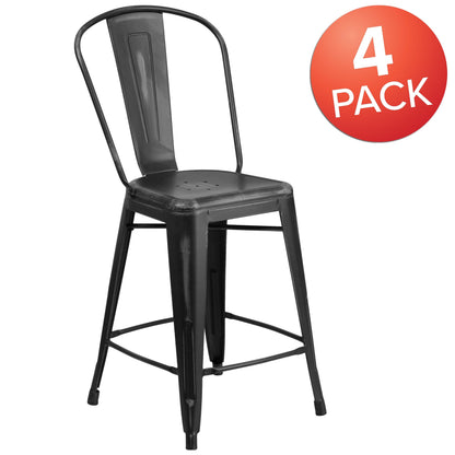 Flash Furniture Blake Commercial Grade 4 Pack 24" High Distressed Black Metal Indoor-Outdoor Counter Height Stool with Back
