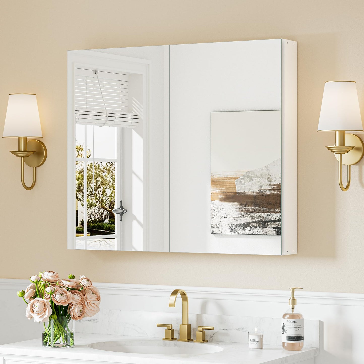 Keonjinn Bathroom Cabinets with Mirror - 75x65cm Aluminum bathroom Mirror Cabinets