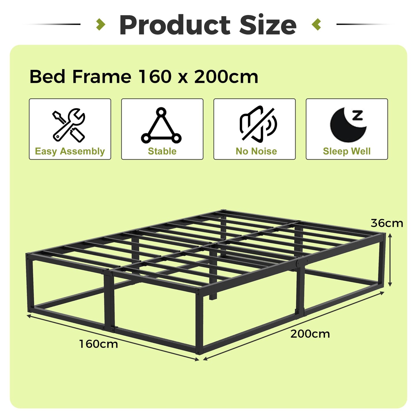 EMODA Metal Bed Frame 160 x 200cm with Steel Slats Support, Black