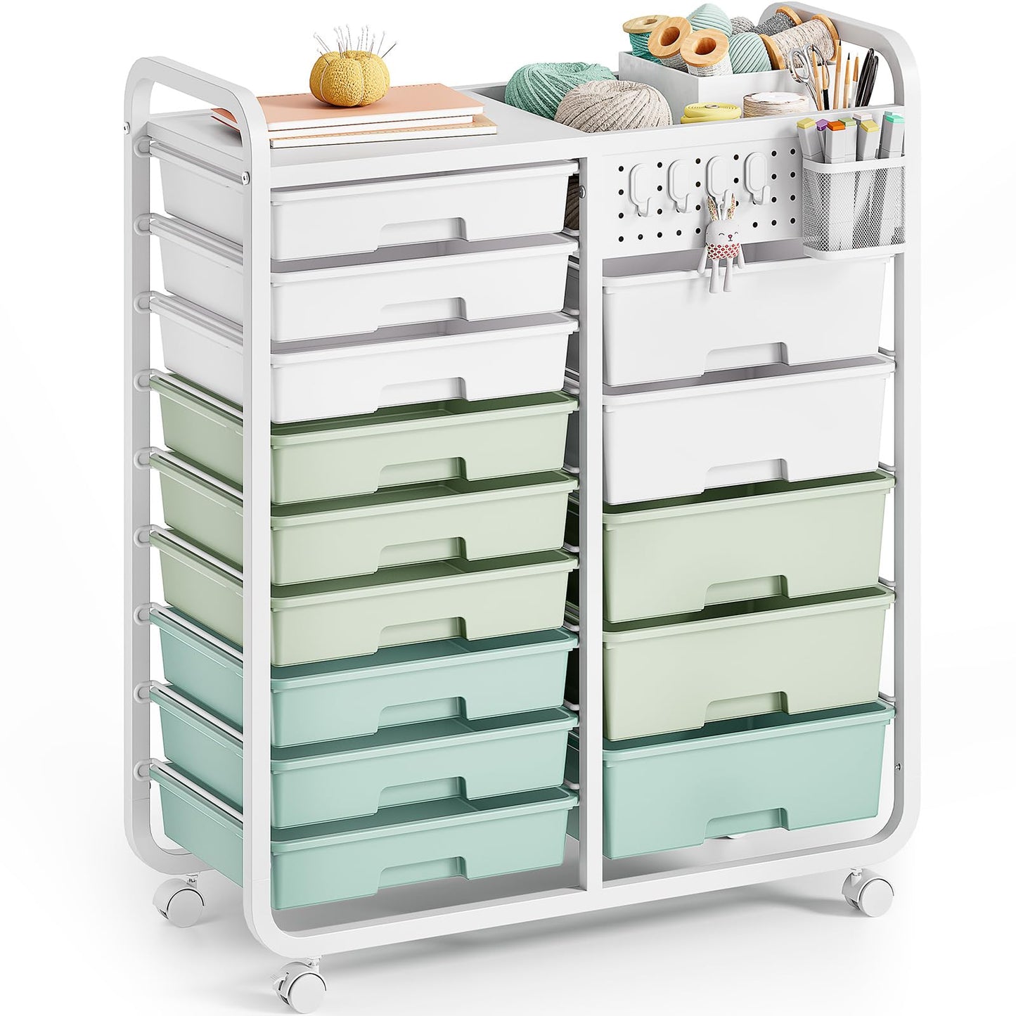 Rolling Storage Cart with 14 Drawers, Storage Organizer Cart with Tabletop and Pegboard,Utility Cart for Living Room, Classroom