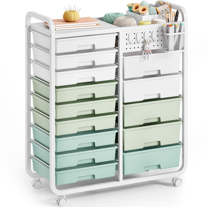 Rolling Storage Cart with 14 Drawers, Storage Organizer Cart with Tabletop and Pegboard,Utility Cart for Living Room, Classroom