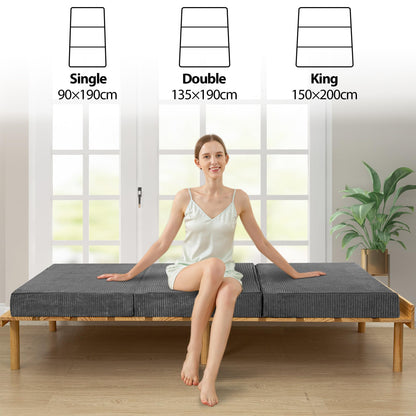 MAXYOYO Folding Corduroy Mattress, Tri Fold Floor Mattress 10cm thick with Washable Cover,Foldable in Three,Space-Saving for Guest (Charcoal, King)