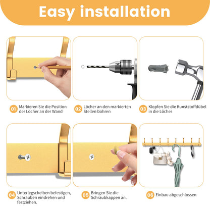MEIJO Coat Hooks Wall Mounted Stainless Steel, Gold Coat Rack Wall Mounted with 4 Hooks Heavy Duty Coat Hooks for Door, Bathroom, Bedroom, Kitchen