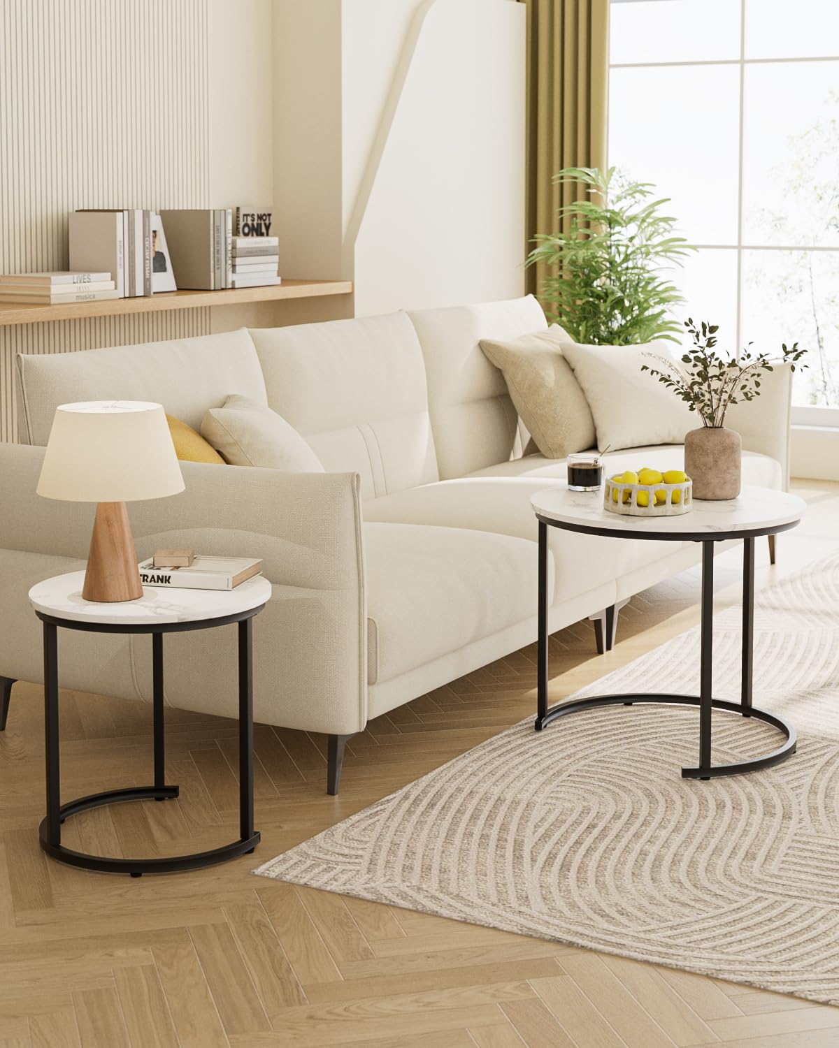 HEYZOEY Round Coffee Tables, Removable Set of 2 End Table, Nesting Table, Side Table with Black Metal Frame Legs and Marble White Top for Living Room