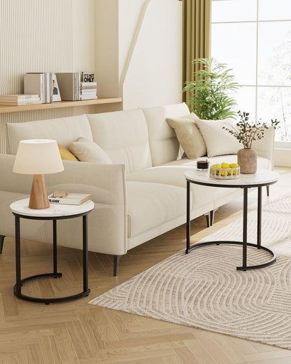 HEYZOEY Round Coffee Tables, Removable Set of 2 End Table, Nesting Table, Side Table with Black Metal Frame Legs and Marble White Top for Living Room